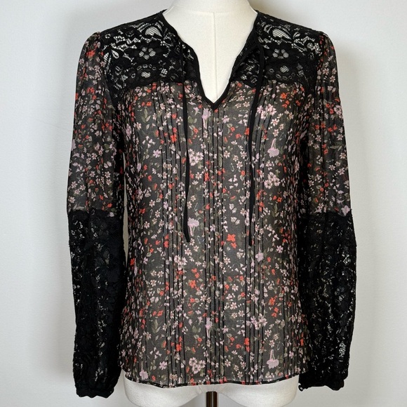 Rebecca Taylor ‘Lyra’ Red Floral Black Lace Pintuck Silk Blouse Women’s Size 00 - Picture 3 of 15